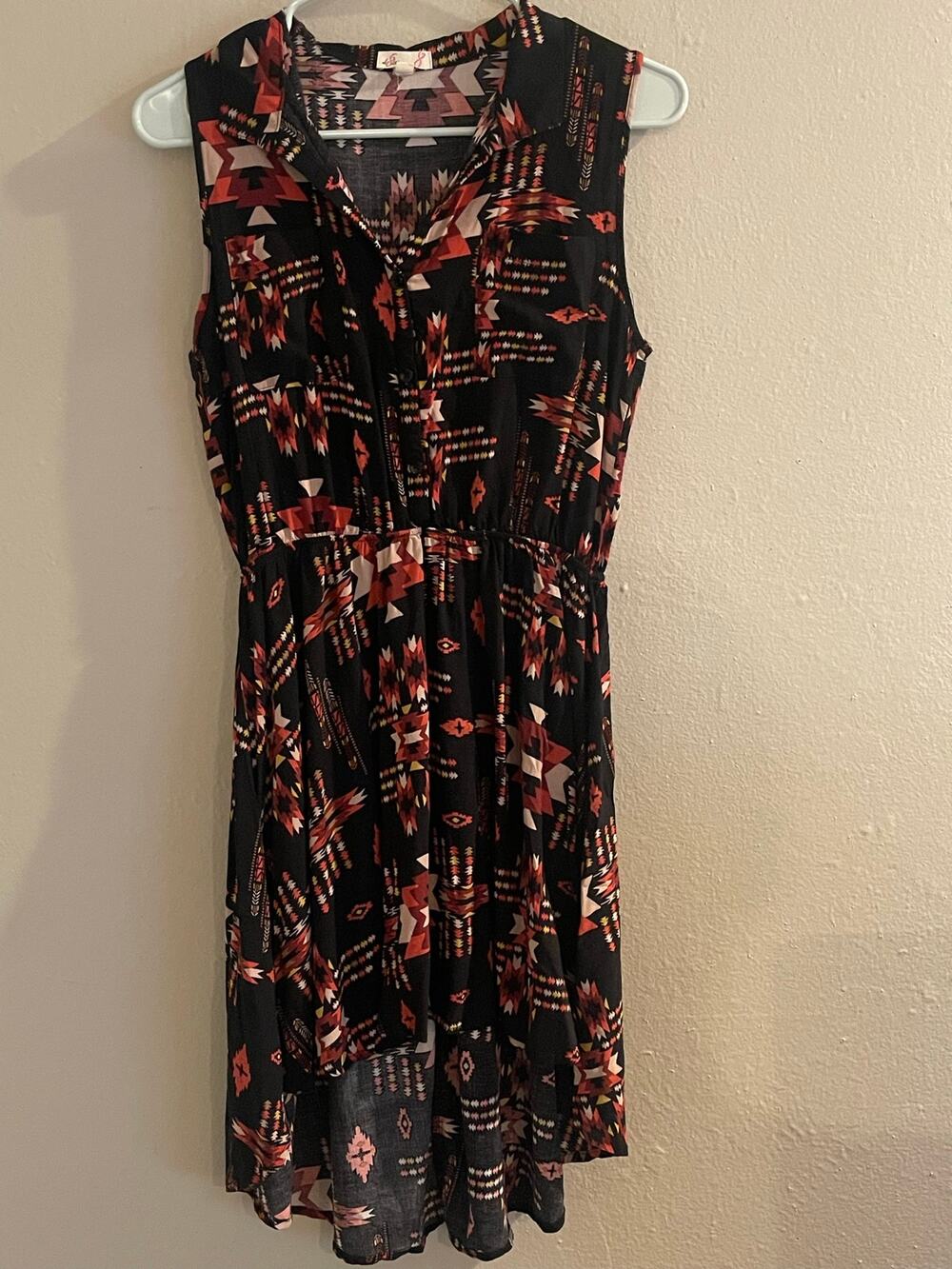 L8ter Black Aztec Print Sleeveless High Low Vest Dress M